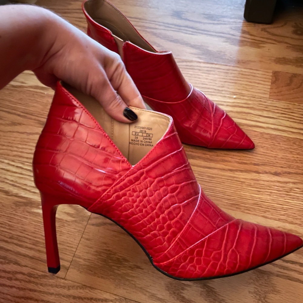 Zara red faux snakeskin heels.